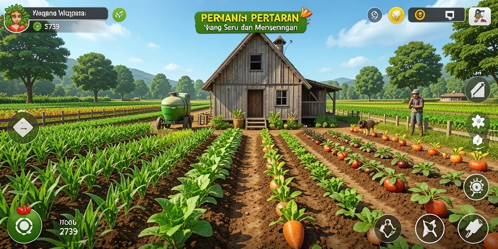 Tampilan gameplay 2739 yang menampilkan ladang yang subur dan hewan ternak.