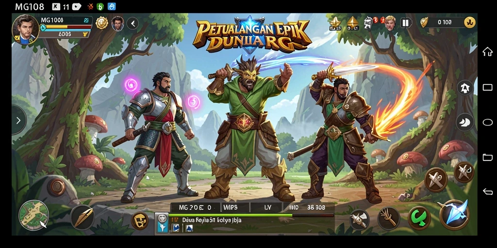 Tangkapan layar gameplay MG108 menampilkan pertarungan epik di dunia fantasi.