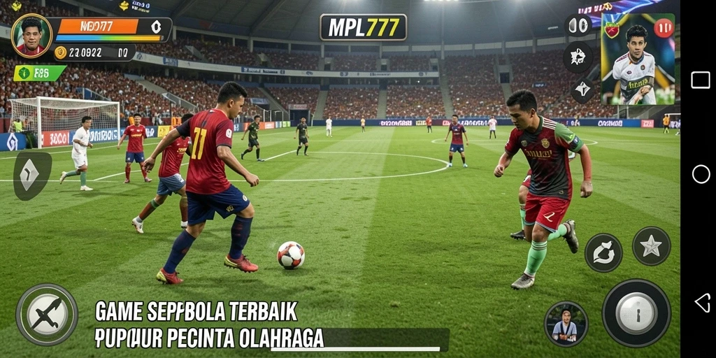Screenshot gameplay MPL777 menunjukkan aksi seru di lapangan sepak bola.