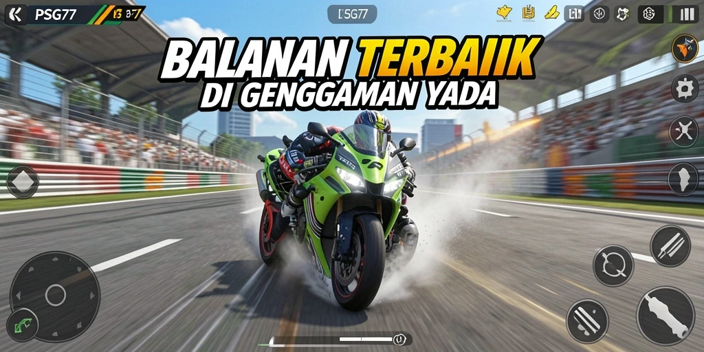 Tampilan bermain PSG77 dengan motor balap di trek yang menantang.