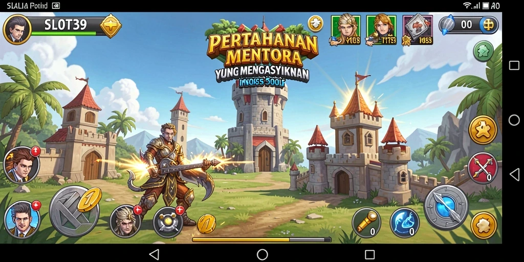 Screenshot menampilkan gameplay SLOT39 dengan menara pertahanan yang megah.