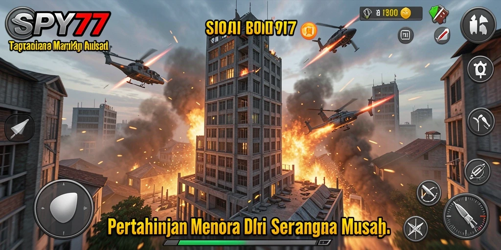 Tampilan gameplay SPY77 saat mempertahankan menara dari serangan musuh.